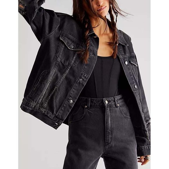 Free People Black Ripped Jean Jacket - Picture 7 of 10